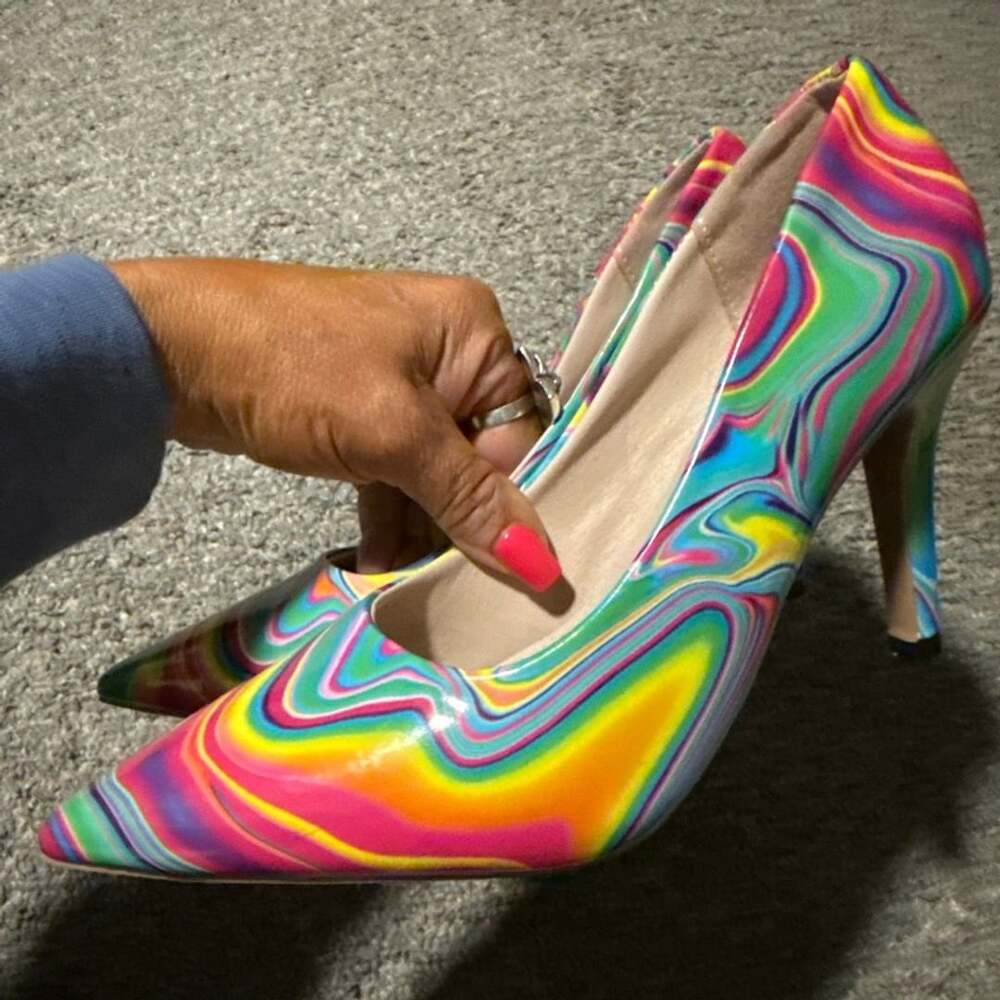 Women's Rainbow Marble Stiletto Pumps Pointed Toe